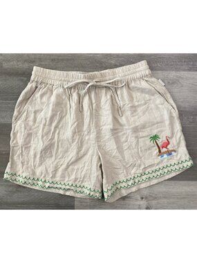 Mavrans Flamingo Beach Linen Shorts Beige Embroidery Tropical Resort $109 Medium